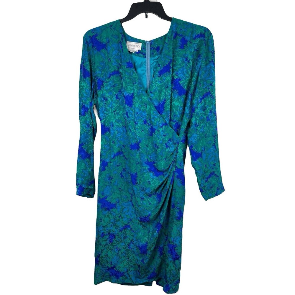 VTG Silk Studio 100% Silk Blue Green Floral Draped Vneck Wrap Front 80s Dress 12